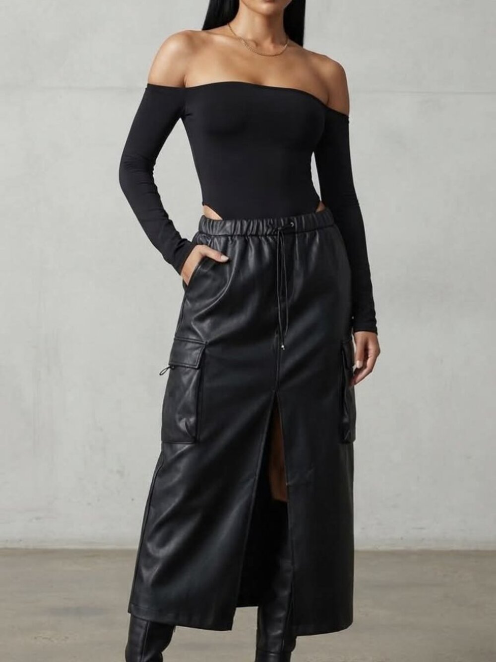 Faux Leather Cargo Midi Skirt with Front Slit
